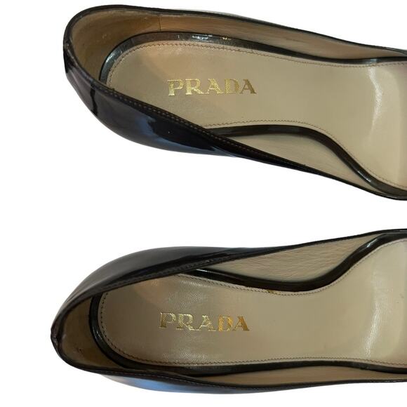 Prada Womens Pantent Leather Napa Silk Sasso Brown Peep Toe Heels With Box 38.5 - Picture 7 of 16